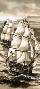 Odjezd Jeana de La Perouse na průzkumnou plavbu u Tichého oceánu doprovázela salva z děl. od English School