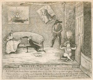 Scéna z F Reynoldss burlesky Werter, poprvé provedená v Covent Garden Theatre v Londýně dne 14. března 1786 od English School