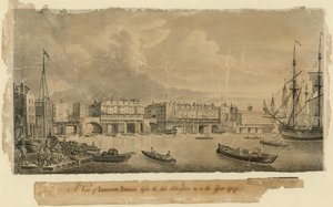Pohled na London Bridge před pozdní přestavbou jako v roce 1757 od English School
