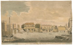 Pohled na Old London Bridge před úpravami, jako v roce 1757 od English School