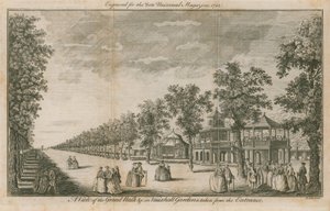 Pohled na Grand Walk ve Vauxhall Gardens v Londýně od vchodu od English School