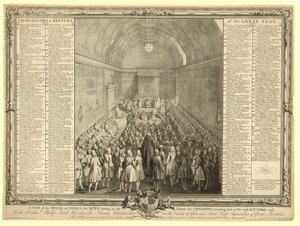 Pohled na Sněmovnu Peers, krále sedícího na trůnu, Dolní sněmovnu, která se ho účastnila na konci zasedání 17412