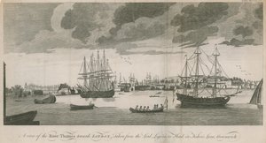 Pohled na řeku Temži směrem k Londýnu, pořízený z Lord Ligoniers Head ve Fishers Lane, Greenwich od English School