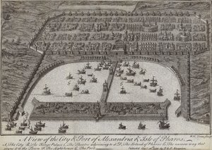 Pohled na město a přístav Alexandrie a ostrov Pharos, Egypt, 1738 od English School