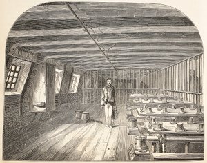 Oddělení na palubě lodi Defence hulk zařídilo návrat odsouzených k večeři, ilustrace z knihy The Criminal Prisons of London and Scenes from Prison Life od Henryho Mayhewa a Johna Binnyho, pub. 18 od English School