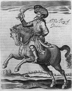 Abbas King of Persia, ilustrace z „Několik let cestování do Afriky a Asie“ od Sira Thomase Herberta, 1634 (rytina) od English School