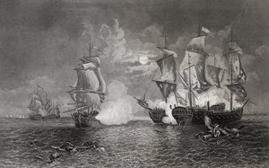 Akce mezi Bonhomme Richard a Serapis, 23. září 1779 (rytina) od English School