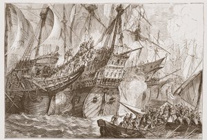 Akce mezi španělskou flotilou a loděmi mořských žebráků, ilustrace z Historie protestantismu od Jamese Aitkena Wylie (1808-1890), hospoda. 1878 od English School