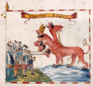 Přidat. 12447, f.23v Parlamentní vojáci útočící na bestii z Apokalypsy, z 