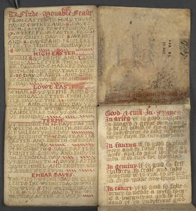 Přidat. 17367, f.1r z Almanachu, obsahující tabulku dominikálních písmen a zlatých čísel; pokyny k nalezení pohyblivých svátků; kalendář svatých, epochy, seznam anglických panovníků, předpovědi počasí, vliv znamení zvěrokruhu (vellu od English School