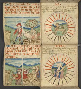 Přidat. 17367, f.6r Leo & Virgo, z Almanachu, obsahující tabulku dominických písmen a zlatých čísel; pokyny k nalezení pohyblivých svátků; kalendář svatých, epochy, seznam anglických panovníků, předpovědi počasí, vliv znamení od English School