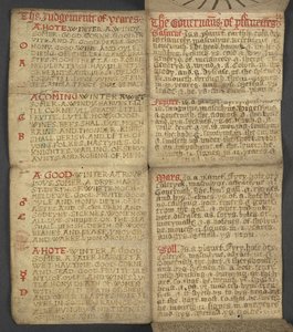 Přidat. 17367, f.9r z Almanachu, obsahující tabulku dominikálních písmen a zlatých čísel; pokyny k nalezení pohyblivých svátků; kalendář svatých, epochy, seznam anglických panovníků, předpovědi počasí, vliv znamení zvěrokruhu (vellu od English School