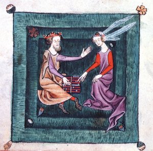 Přidat 42130 fol.76v Král a dáma sedící v zahradě a hrají deskovou hru připomínající vrhcáby z Luttrellova žaltáře, který začal před rokem 1340 pro sira Geoffreyho Luttrella (vellum) od English School