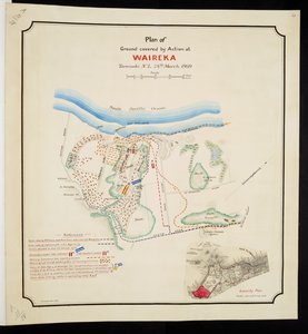 Přidat. 57717, deska 14, „Plán pozemku pokrytý akcí Waireka, Taranaki N.Z., 28. března 1860 (pero & inkoust & akvarel na papíře) od English School