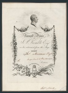 Vstupenka na večeři na oslavu rozloučení Johna Kemblese s jevištěm, 1819