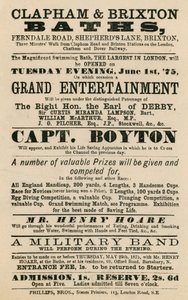 Reklama na lázně Clapham and Brixton Baths, Ferndale Road, Shepherds Lane, Brixton, Londýn; s kapitánem Boytonem od English School