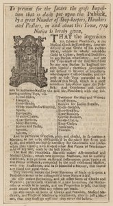 Reklama na Edwarda Pinchbecka, Musical Clock, Fleet Street, Londýn, z roku 1734 od English School
