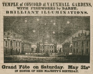 Reklama na Grand Fete v Temple of Concord, Vauxhall Gardens od English School