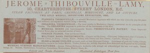 Reklama na výrobce nástrojů Jerome Thibouville-Lamy, 10 Charterhouse Street, Londýn od English School