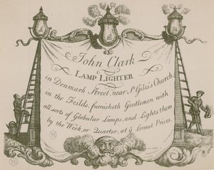 Reklama na John Clarke, zapalovač lamp, Denmark Street, Londýn od English School
