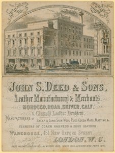 Reklama pro John S Deed & Sons, výrobce a obchodníky s kůží, 451 New Oxford Street, Londýn