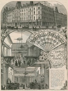 Reklama na Marshall & Snelgrove, Silk Mercers, Lacemen, Punčochové zboží, z Vere Street, Oxford Street, Londýn od English School