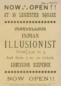Reklama na indického iluzionistu vystupujícího na 35 Leicester Square v Londýně od English School