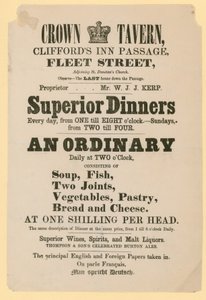 Reklama na Crown Tavern, Cliffords Inn Passage, Fleet Street, Londýn od English School