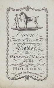 Reklama na firmu Owen, sedlář a výrobce postrojů, Londýn (litografie) od English School