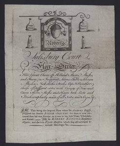 Reklama pro Roberts, obchodníky s látkami, Salisbury Court, Fleet Street, Londýn, kde Dr. Anthony Daffy připravil svůj Elixir Salutis (rytina) od English School