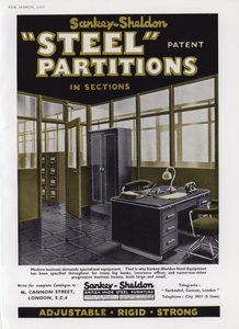 Reklama na ocelové příčky Sankey-Sheldon, 1937 od English School