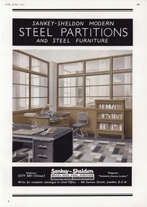 Reklama na ocelové příčky Sankey-Sheldon, 1937 od English School