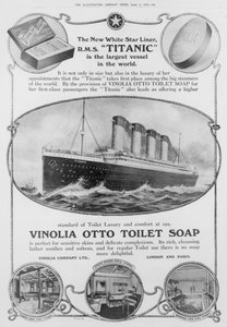 Reklama na toaletní mýdlo Vinolia Otto, které se používalo na Titaniku, z "The Illustrated London News", 6. dubna 1912 (rytina) (čb fotografie) od English School
