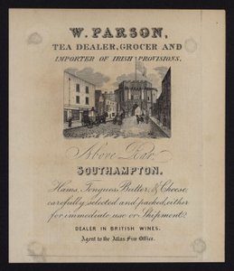 Reklama pro W Parson, obchodník s čajem, obchodník s potravinami a dovozce irských potravin, Southampton, Hampshire od English School