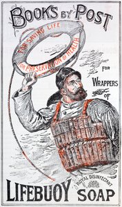 Reklama na knihy poštou výměnou za sběr obalů mýdla Lifebuoy (barva litho) od English School