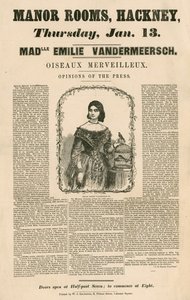 Reklama na vystoupení mademoiselle Emile Vandermeersch, Oiseaux Merveilleux v Manor Rooms, Hackney, Londýn od English School
