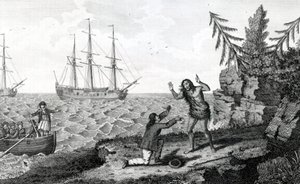Ovlivňující rozhovor dvou mužů Mokito, ilustrace převzata z Moores Voyages and Travels, 1778 od English School