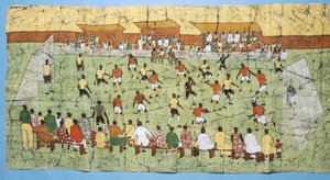 Africká batika zobrazující fotbalový zápas s davy diváků na tribunách (textil) od English School