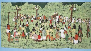 Africká batika, ilustrace a fotbalový zápas s přihlížejícími diváky (textil)