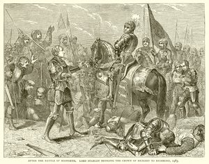 Po bitvě u Bosworthu. Lord Stanley přináší Richardovu korunu do Richmondu, 1483