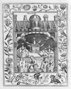 Alchymistická laboratoř ukazující různé formy pecí a nádob, převzato z Theatrum Chemicum Britannicum od Eliase Ashmole, 1652 od English School