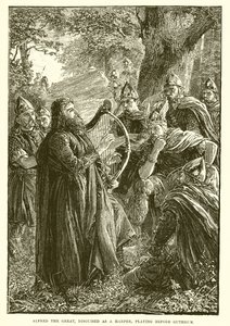 Alfréd Veliký, převlečený za harfeníka, hrající před Guthrumem od English School