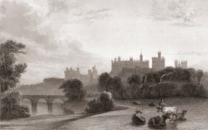 Hrad Alnwick, Alnwick, Northumberland, Anglie, na počátku 19. století. Používá se jako místo ve filmech Harry Potter. Z Churton