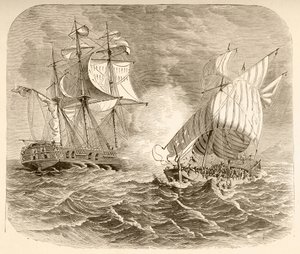 Loď amerického námořnictva zajala alžírskou pirátskou loď u Barbary Coast během První Barbary War (litho) od English School