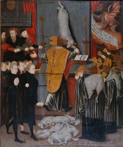 Antikatolická alegorie s portréty Stephena Gardinera, biskupa z Winchesteru a biskupů Bonnera a Tunstalla jako vlků a s těly Hoopera, Cranmera, Goodricha, Ridleyho Latimera a Rogerse jako jehňata, kolem roku 1555 od English School
