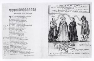 Znak Antikrista v jeho trojitých hierarchiích papežství, prelátství a presbytáře, 1649 od English School