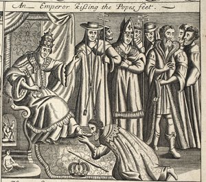 Císař líbající papežovy nohy, ilustrace z Acts and Monuments od Johna Foxe, deváté vydání, pub. 1684 od English School