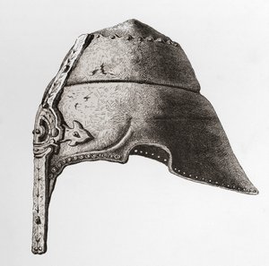 Nosní přilba z počátku dvanáctého století z britské armády: Její původ, pokrok a vybavení, publikovaná v roce 1868. od English School