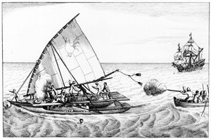 Incident během Le Maires (asi 1585-1616) a Schoutens (asi 1567-1625) obeplutí světa v letech 1615-16, z II. dílu Chronologické historie plaveb a objevů v jižním moři od English School