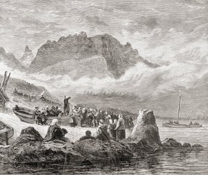 Mše pod širým nebem na ostrově Skye, Vnitřní Hebridy, z knihy "Scottish Pictures Drawn with Pen and Pencil" od Samuela G. Greena, vydané v roce 1886. od English School